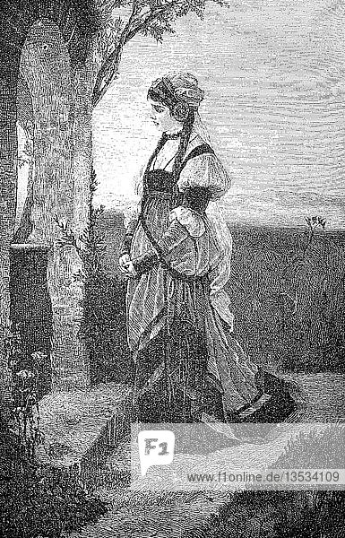 Frau steht vor einer kleinen Feldkapelle und betet  1880  Holzschnitt  Österreich  Europa