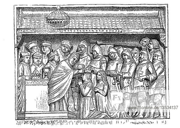 The coronation of Louis of Bavaria in the St. Peter's Basilica by the Bishop of Arezzo  Guido Tarlati di Pietramale  relief of the marble tomb of the bishop in the cathedral of Arezzo  1880  woodcut  Italy  Europe