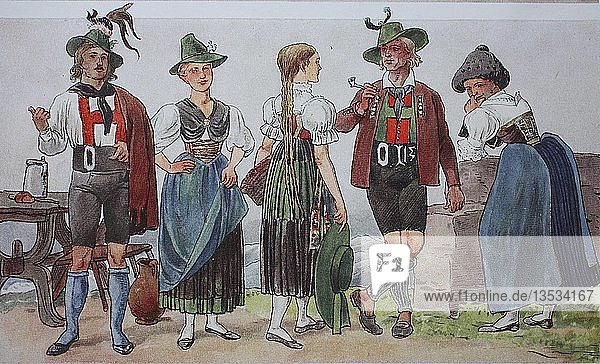 Menschen in Tracht  Mode  Kostüme  Kleidung in Italien und Österreich um 1850  Illustration  Tirol