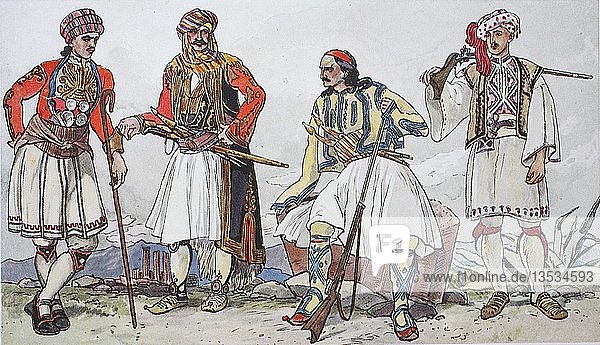 Mode  historische Kleidung  Volkstrachten in Griechenland um 1825-1830  Illustration  Griechenland  Europa
