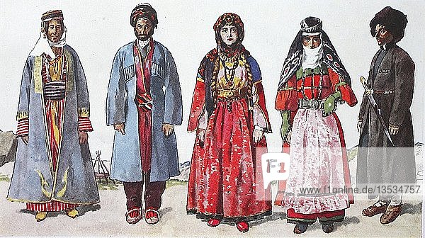 Fashion  historical clothes  folk costumes in the southwestern Caucasus and Armenia in the 19th century  illustration  Caucasus