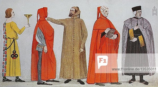 Kleidung  Mode in Italien  frühe Renaissance im 14. Jahrhundert  Illustration  Italien  Europa
