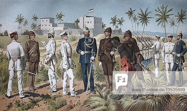 Verschiedene Uniformen der Schutztruppe koloniale Truppen in den afrikanischen Gebieten des Deutschen Kolonialreichs vom Ende des 19. Jahrhunderts bis 1918 Deutschland Europa