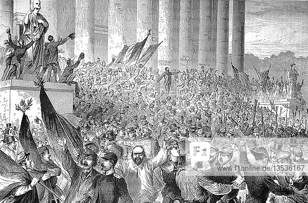 Die Proklamation der Französischen Republik durch Gambetta vor dem Palast des Gesetzgebers in Paris am 4. September Deutsch-Französischer Krieg 1870/71 Holzschnitt Frankreich Europa