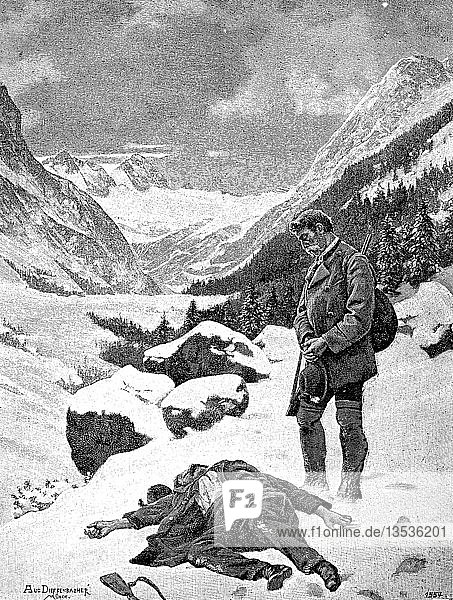 Das Ende der Wilderer  Jäger hat einen Wilderer gestellt und erschossen  1880  Holzschnitt  Österreich  Europa