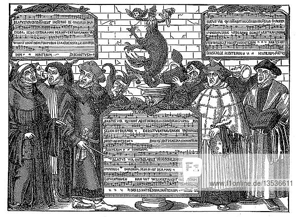 The mocking song on the interim  Latin meanwhile  is the term for a provisional settlement of ecclesiastical or political conditions  1880  woodcut  Germany  Europe