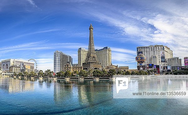 Reconstructed Eiffel Tower  Hotel Paris and the lake in front of Hotel Bellagio  Las Vegas Strip  Las Vegas  Nevada  USA  North America