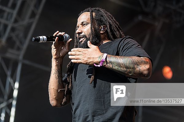 The German reggae musician Gentleman and the Jamaican reggae musician Ky-Mani Marley  son of Bob Marley live at the 27th Heitere Open Air in Zofingen  Aargau  Switzerland  Europe