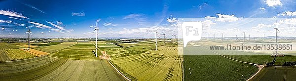 Panorama  aerial view  wind farm and cereal fields  Alzy region  Rhineland-Palatinate  Germany  Europe