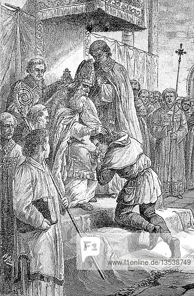 St. Baldom erhält die Weihe der Heiligen Geodäsie  Bischof von Lyon  St. Walomar oder Baldomer  1880  Holzschnitt  Deutschland  Europa