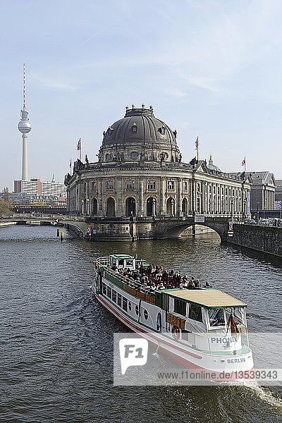 Passenger boat on the Spree River in front of the Bode Museum  Museum Island  UNESCO World Heritage Site  Berlin  Germany  Europe