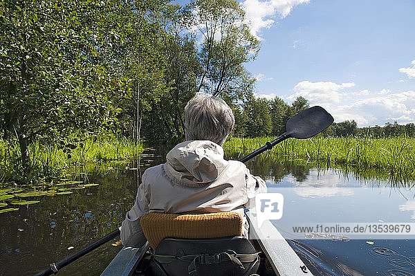 Frau paddelt auf einem Fluss im Spreewald  Spree  Brandenburg  Deutschland  Europa
