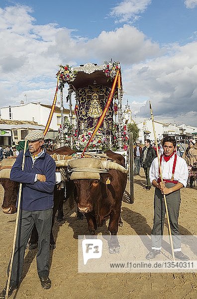 Verzierte Ochsenkarren Leute in traditioneller Kleidung Pfingsten Wallfahrt von EL Rocio Huelva-Provinz Andalusien Spanien Europa