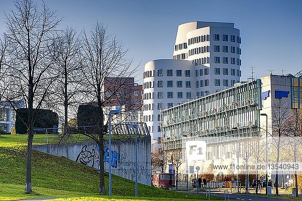 Stadtbild mit Gehryhaus und WDR-Gebäude  Düsseldorf  Nordrhein-Westfalen  Deutschland  Europa