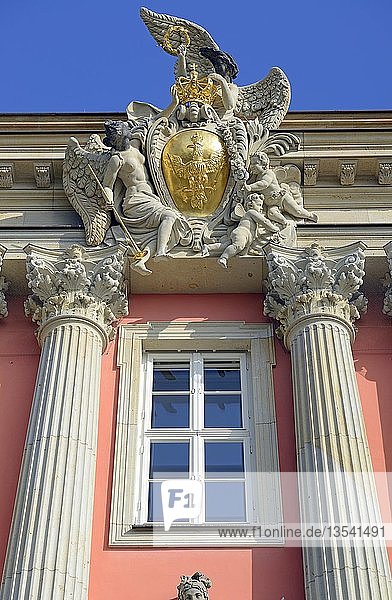 Preußischer Adler mit Krone über dem Hauptportal des wiederaufgebauten Potsdamer Stadtschlosses  Sitz der Landesregierung von Brandenburg  Potsdam  Brandenburg  Deutschland  Europa