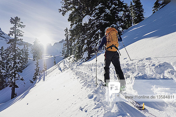Skilangläufer auf einer sonnigen  schneebedeckten Loipe an einem sonnigen  idyllischen Berghang
