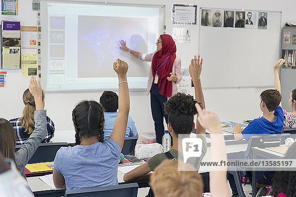 Female teacher in hijab teaching lesson at projection screen in classroom