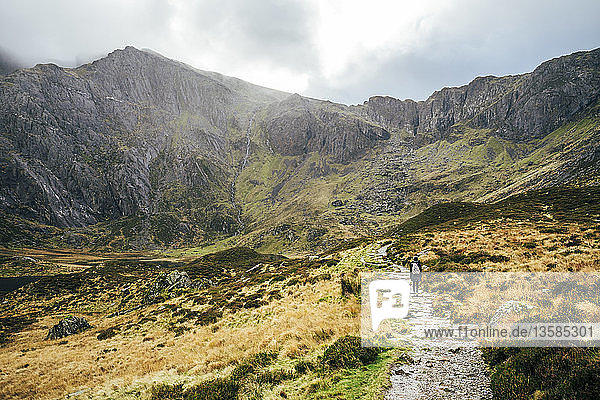 Woman walking along craggy mountain trail  Snowdonia NP  UK