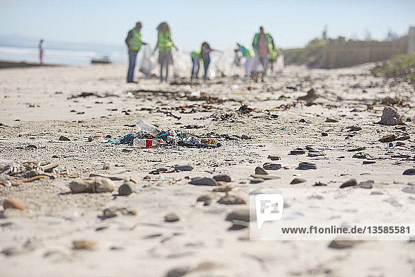 Volunteers cleaning up litter on sunny  sandy beach