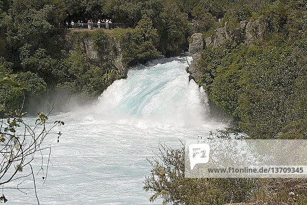 Huka Falls; North Island,  New Zealand. Of great importance for electricity generation,  it supplies eight hydroelectric schemes and water for cooling for two geothermal units. The average daily flow is 160 cubic meters per second.