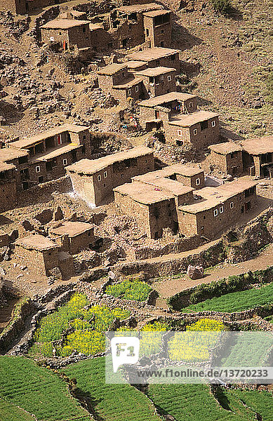 Dorfansicht von einem Hügel hoch oben  Region Marrakesch  Hoher Atlas  Marokko