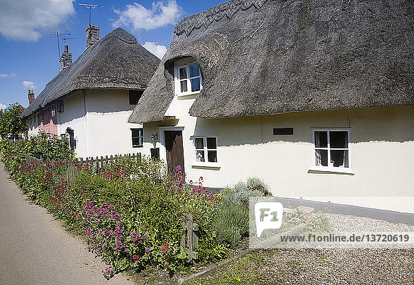 Attractive thatched cottages in the village of Rattlesden  Suffolk  England