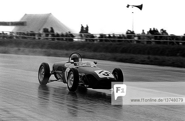 Trevor Taylor in a Lotus 18 in the Formula Junior XXII British Empire Trophy race  Silverstone  England 1 Oct 1960.