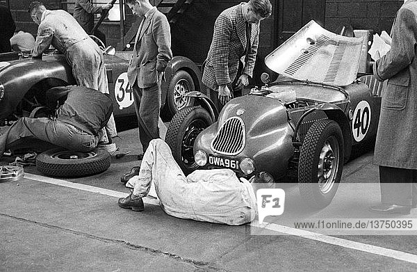 Preparation of the Jackson/Lane Lester T51 MG in a Belfast garage for the Dundrod TT  Northern Ireland  1953.