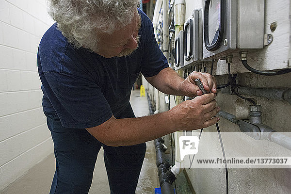 Ingenieur  der das Kabel der elektrochemischen O2-Sonde mit dem Messgerät in einer Wasseraufbereitungsanlage verbindet