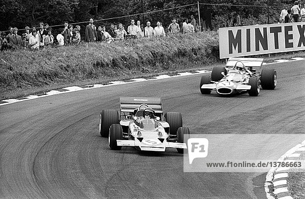 'Jack Brabham in a Brabham BT33 2nd at Stirling´s Bend during battle for the race lead with Jochen Rindt in a Lotus-Cosworth 72B  the race winner. British GP  Brands Hatch  England 18 July 1970. '