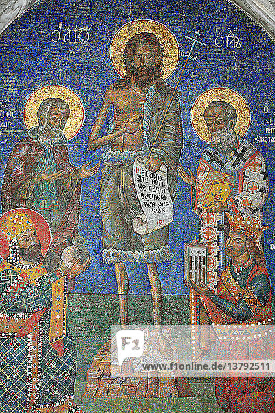 Orthodoxes Mosaik mit der Darstellung des Heiligen Johannes des Täufers mit Bischöfen und Königen