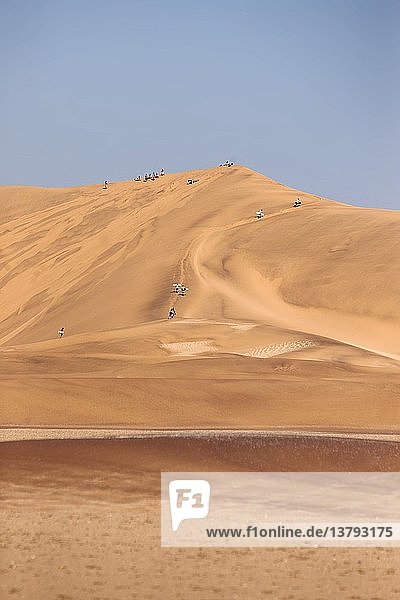 Sand skiiers on sand dune