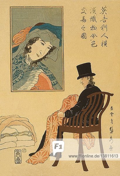 Engländer sortiert Stoffe für den Handel in Yokohama (Igirisujin Yokohama ni orimono irowake no zu) 1861