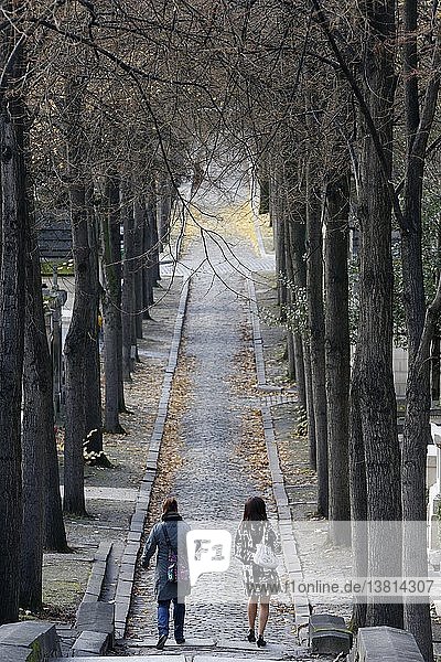 Ein Paar geht im Winter auf einem Friedhof spazieren.