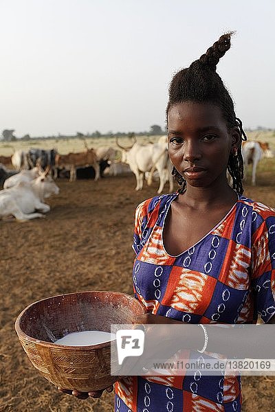 Peul-Frau mit einer Schüssel frischer Milch  Senegal.