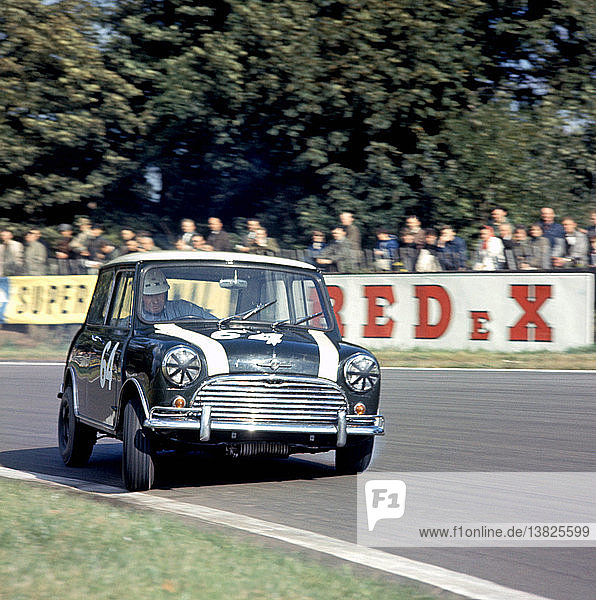 Midland driver John Rhodes established himself as the King of the Minis during the 1960s in BRSCC British Saloon Car Championship races. Brand Hatch  England.