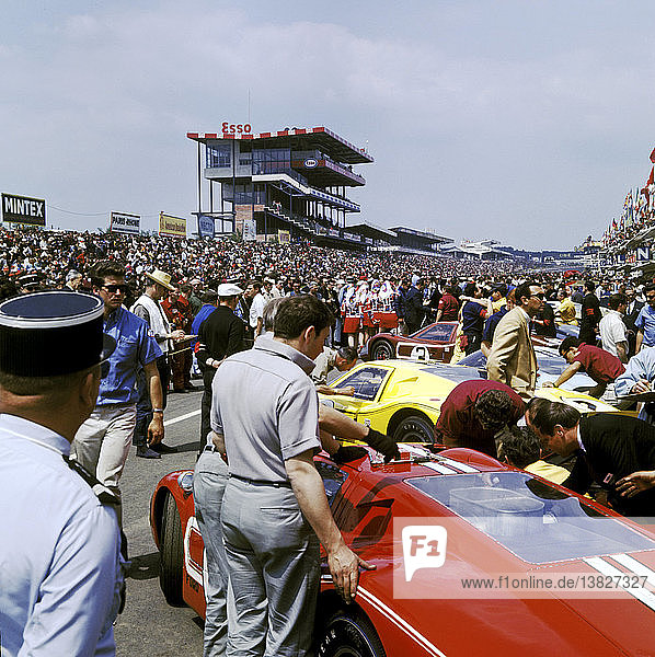 The pits pre start at Le Mans with Ford Mark IV cars  in the foreground is the winning car of AJ Foyt-Dan Gurney  France  11 June 1967.