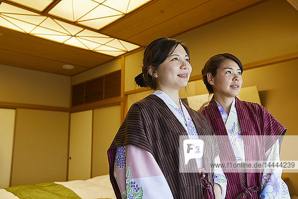 Japanese women wearing yukata at a traditional hotel