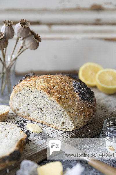 Ein weißes  hausgemachtes Brot  aromatisiert mit Amalfi-Zitrone und Mohnsamen