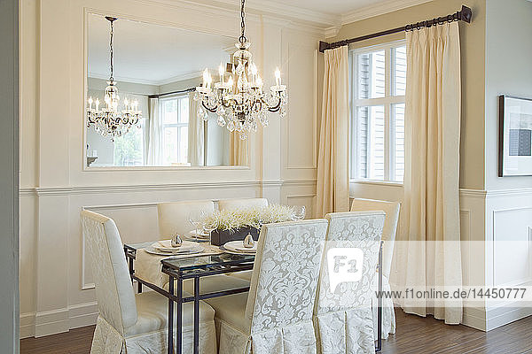Luxury dining room with chandelier