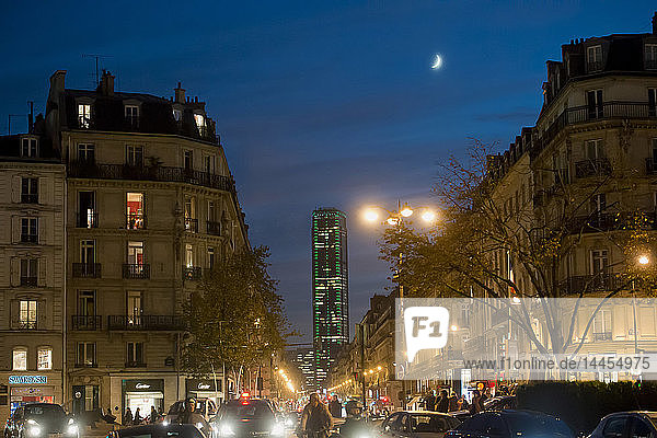France. Paris 6th district. The street of Rennes and the Montparnasse Tower