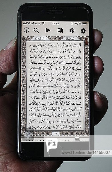 Ein Mann liest einen elektronischen Koran auf einem Smartphone.