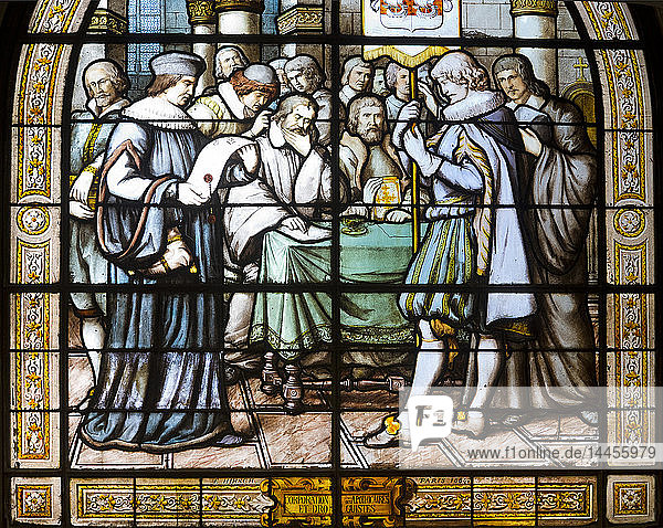 France. Paris 6th district. Avenue de l'Observatoire. Faculty of pharmacy. Stained-glass window dating 1884 and representing The corporation of the apothecaries