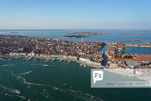 View of Venice from the helicopter  Venice Lagoon  UNESCO World Heritage Site  Veneto  Italy