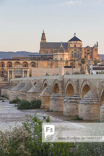 Die Moschee-Kathedrale (Große Moschee von Córdoba) (Mezquita) und die Römische Brücke im ersten Licht  UNESCO-Weltkulturerbe  Córdoba  Andalusien  Spanien