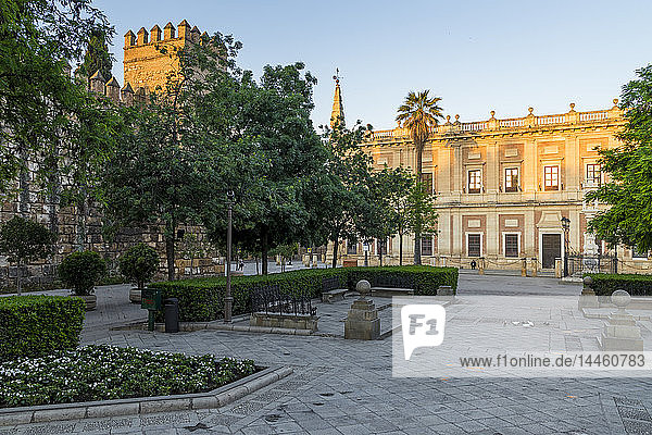 Plaza del Triunfo im ersten Sonnenlicht  Sevilla  Andalusien  Spanien