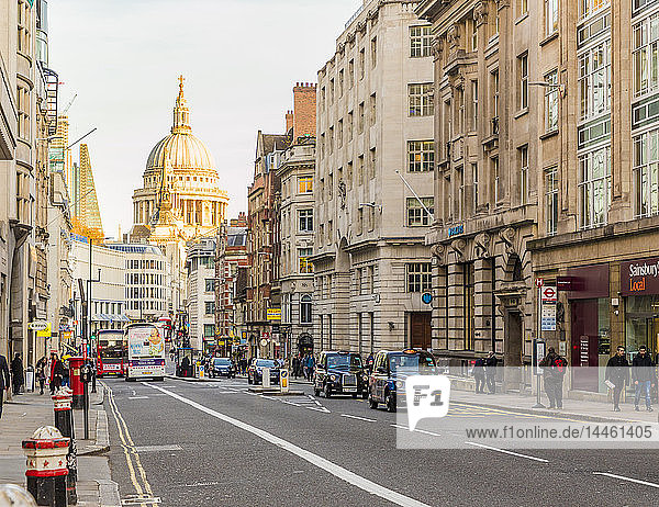 Blick auf die Fleet Street  mit der St. Pauls Cathedral im Hintergrund  London  England  Vereinigtes Königreich