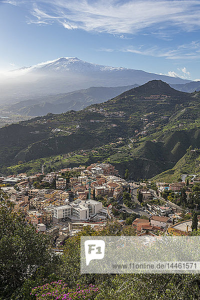 View from Madonna della Rocca church over Taormina and to Mount Etna  Taormina  Sicily  Italy