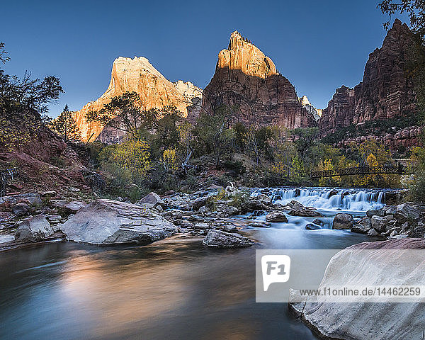 View across the Virgin River to Abraham and Isaac Peaks  sunrise  Court of the Patriarchs  Zion National Park  Utah  United States of America