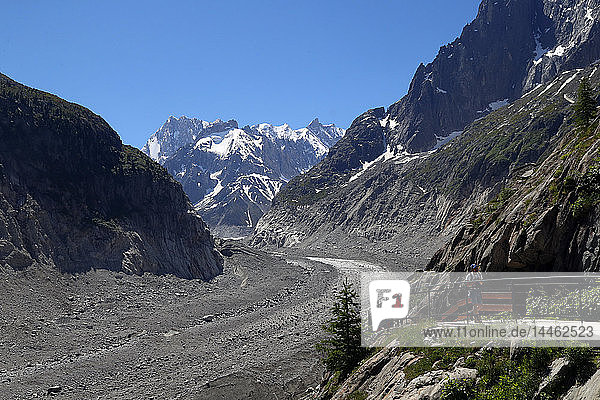 Der Gletscher Mer De Glace  der seit 1820 um 150 Meter geschrumpft ist und sich um 2300 Meter zurückgezogen hat  Mont-Blanc-Massiv  Haute-Savoie  Französische Alpen  Frankreich